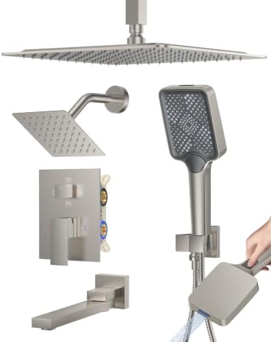 Woindo 4 Function Shower Faucet Set 12" Rain Shower Head/6'' Side Shower Head and 3 Setting Handheld Ceiling Mount Push Button Diverter Complete Rainfall Round Shower System Included Valve Trim Kit