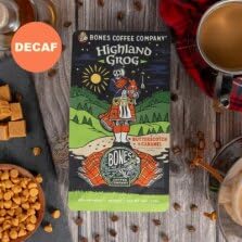 Bones Coffee Company Decaf Highland Grog, Butterscotch Caramel Decaffeinated Flavored Coffee, Medium Roast Low Acid Arabica Beans For Auto drip and French Press Coffee Maker, 12 Oz Ground