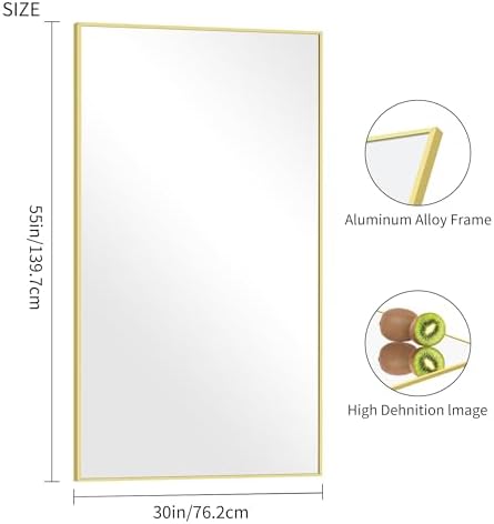 COFENY 30x55In Gold Bathroom Mirror for Wall, Brushed Gold Rectangle Mirrors with Metal Frame, Bathroom Rectangular Mirror Modern Wall Mirror for Bedroom Living Room, Hangs Horizontal or Vertical