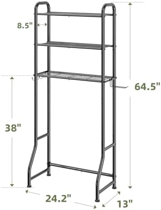 Simple Trending Over The Toilet Storage Rack, Metal 3 Tier Bathroom Organizer Shelf with Paper Holder and 3 Hooks, Freestanding Shelf Space Saver Above Toilet,Black