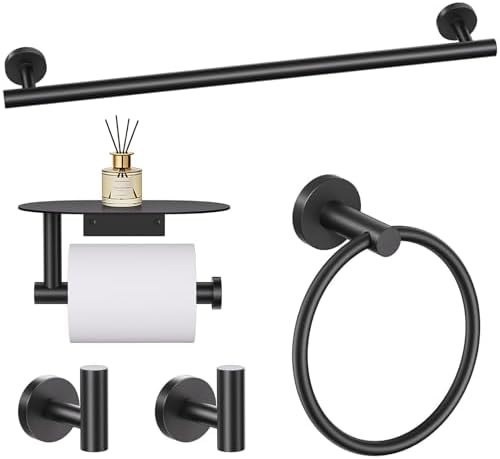 TURS Matte Black 5 Piece Bathroom Hardware Set, SUS304 Stainless Steel Bath Towel Bar Set, Bathroom Towel Rack Set Wall Mounted