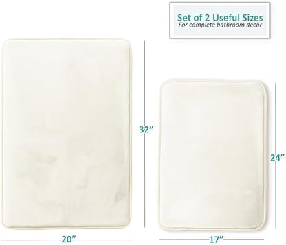 Clara Clark 2 Piece Bathroom Rugs Bath Mat Set, Velvet Memory Foam Bath Mats for Bathroom - Non-Slip, PVC Backing Bath Rugs, Washable - Dries Quickly, White