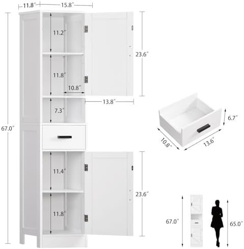 TEENFON 67" H Tall Bathroom Storage Cabinet with Barn Doors and Drawer