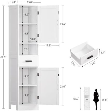 TEENFON 67" H Tall Bathroom Storage Cabinet with Barn Doors and Drawer