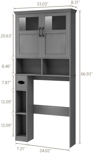 Vabches Over The Toilet Storage Cabinet with Doors & Paper Holder, Ash Grey