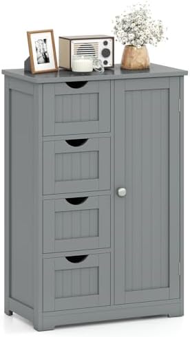 Giantex Bathroom Cabinet, Freestanding Storage Cabinet with 1 Door & 4 Drawers, 3-Level Adjustable Shelf, Anti-toppling System, Modern Storage Organizer for Bathroom, Living Room, Kitchen (Gray)