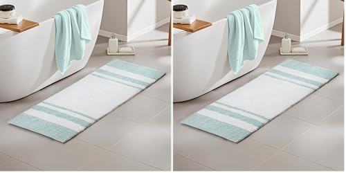 Madison Park Reversible Spa Cotton Bath Rug 100%-Cotton Striped Ultra Soft Water Absorbent, Fast Drying, Bath-Mats, Non-Slip Absorbent Quick Dry Mats for Tub, Shower Room, and Bathroom, 27x45, Aqua
