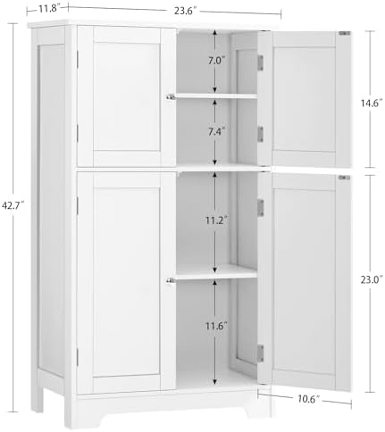 TEENFON Bathroom Floor Storage Cabinet, Freestanding Bathroom Storage Unit with 2 Adjustable Shelves & 4 Doors, White