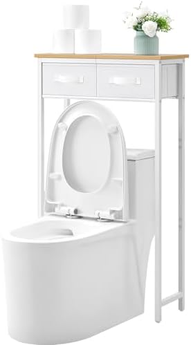 MOHOPE 2-Tier Over The Toilet Storage with 2 Fabric Drawers, Freestanding Above The Toilet Storage Cabinet, Space Saver Metal Over Toilet Bathroom Organizer Shelf for Small Space, Natural and White