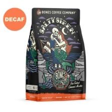 Bones Coffee Company Decaf Salty Siren, Sea Salted Caramel Chocolate Decaffeinated Flavored Coffee, Medium Roast Low Acid Arabica Beans For Auto drip and French Press Coffee Maker, 12 Oz Ground