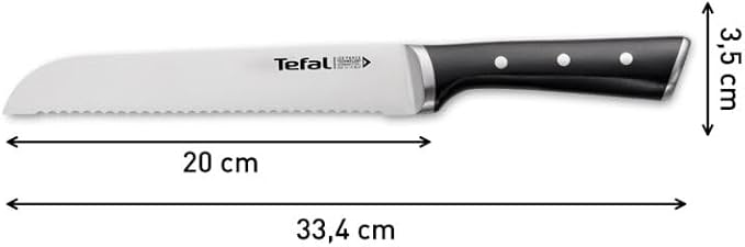 Tefal Ice Force Stainless Steel Bread Knife - 20cm - Serrated Edge, Long Lasting Performance - K2320414, Silver/Black