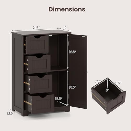 Giantex Bathroom Storage Cabinet with Drawers - 4 Drawer Storage Organizer w/Cupboard, Adjustable Shelf, Anti-Toppling Device, Entryway Storage Unit Console Table, Bathroom Floor Cabinet (Brown)