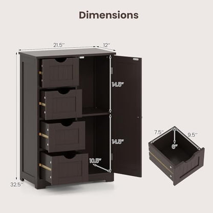 Giantex Bathroom Storage Cabinet with Drawers - 4 Drawer Storage Organizer w/Cupboard, Adjustable Shelf, Anti-Toppling Device, Entryway Storage Unit Console Table, Bathroom Floor Cabinet (Brown)