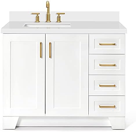 ARIEL Taylor 42-inch Bathroom Vanity with Sink,Solid Wood, 1.5-inch Pure White Quartz Countertop & Backsplash, Single Rectangular Porcelain Sink, 2 Soft Closing Doors, 5 Dovetail Drawers, White