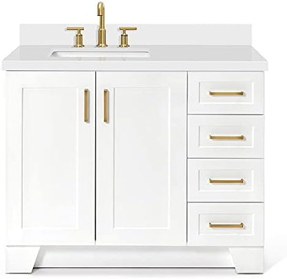 ARIEL Taylor 42-inch Bathroom Vanity with Sink,Solid Wood, 1.5-inch Pure White Quartz Countertop & Backsplash, Single Rectangular Porcelain Sink, 2 Soft Closing Doors, 5 Dovetail Drawers, White