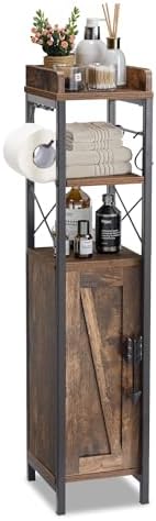 VECELO Small Bathroom Cabinet, Slim Toilet Paper Holder with Door&2 Shelves Metal Racks, Narrow Storage Organizers, Free Standing Farmhouse Style for Bathroom Restroom Tiny Space,Dark Brown
