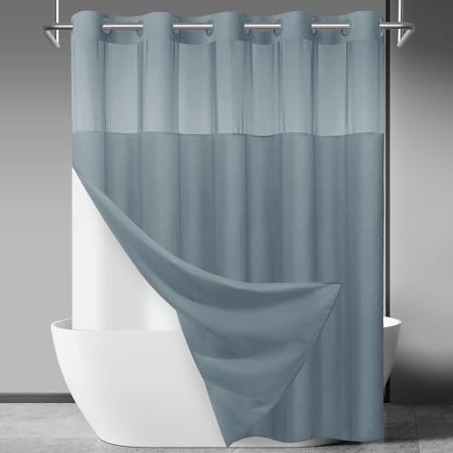SORTTO No Hook Slub Shower Curtain with Liner, 71x74, Stone Blue