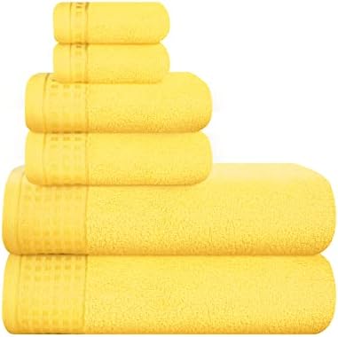 GLAMBURG 100% Cotton Ultra Soft 6 Pack Towel Set, Contains 2 Bath Towels 28x55 Inches, 2 Hand Towels 16x24 Inches & 2 Wash Coths 12x12 Inches, Compact Absorbent Lightweight & Quickdry - Lime Yellow