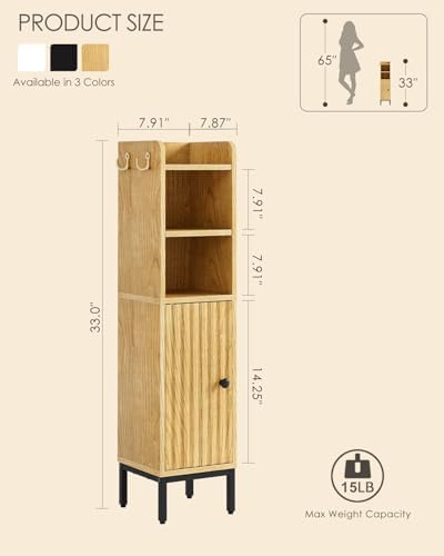 Bathroom Storage Cabinet, Small Corner Floor Hutch with Door and Shelves, Narrow Toilet Paper Cabinet, Bathroom Organizer with Adjustable Shelf, for Toile、Small Spaces