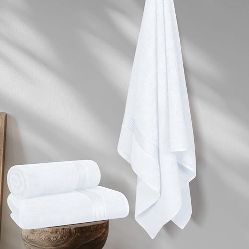 Belizzi Home Cotton 2 Pack Oversized Bath Towel Set 28x55 inches, Large Bath Towels, Ultra Absorbant Compact Quickdry & Lightweight Towel, Ideal for Gym Travel Camp Pool - White