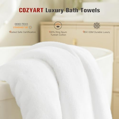 COZYART Luxury Bath Towels 4 PCS, 27x54 650 GSM Turkish Cotton, White