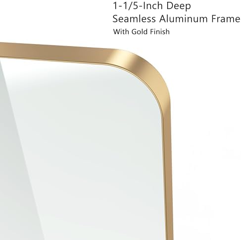 VocalStar Gold Bathroom Mirror for Wall, 24 x 36 Inch Metal Framed Rounded Rectangle Vanity Mirror Modern Farmhouse, 1/4-inch Shatterproof Glass | Ultra-Flush Hanging