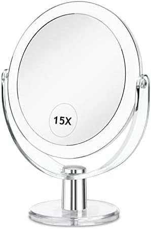CLSEVXY Vanity Makeup Mirror with Stand, 1X/15X Magnification Double Sided 360 Degree Swivel, Portable Table Desk Counter top Magnifying Mirror, Tabletop Mirror for Bedroom or Dorm Room, 6.25 Inch