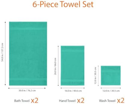 Amazon Basics 6-Piece Oversized Fade-Resistant Towel Set, 100% Cotton, Highly Absorbent, Soft, Teal, 2 Bath Towels, 2 Hand Towels, 2 Washcloths