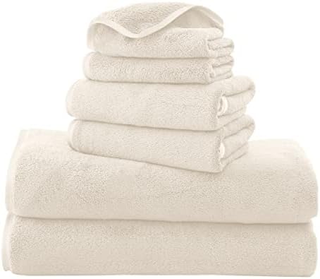 TENSTARS Luxury Silk Hemming Towel Set - Light Thin Quick Drying - 2 Bath Towels 2 Hand Towels 2 Washcloths - Ultra Soft Microfiber Towel for Bath Fitness, Sports, Yoga, Travel (Cream 6 Pieces)