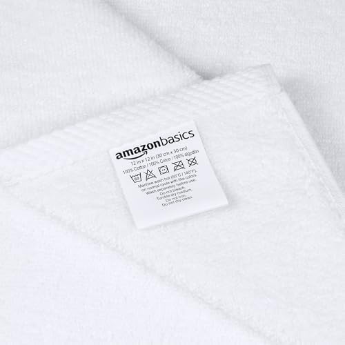 Amazon Basics Cotton Washcloths, Lightweight Quick-Dry, Absorbent Face and Body Towel Set, 12" x 12", White, 12-Pack