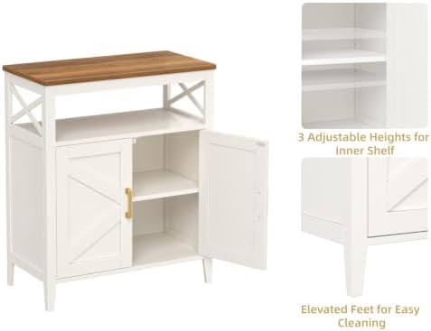Bathroom Storage Cabinet with Doors, Adjustable Shelf, Wood Top