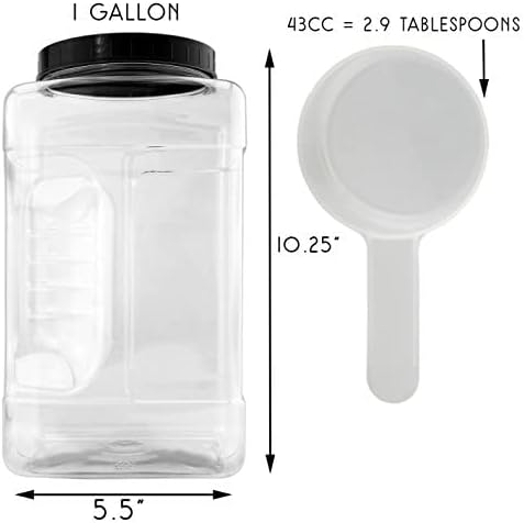 Cornucopia Brands Square Gallon Size Clear Plastic Canisters (2-Pack); 4-Quart Jar Grip Containers w/ Plastic Scoops; BPA-Free