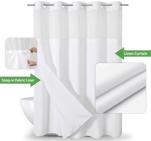 eachope No Hook Linen Texture Shower Curtain with Snap-in Liner,71x86 White