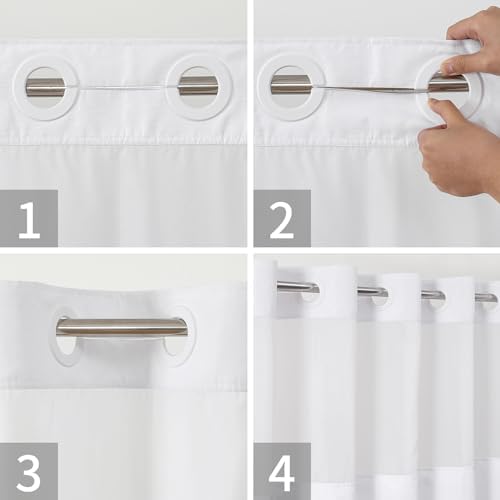 eachope No Hook Linen Texture Shower Curtain with Snap-in Liner,71x86 White