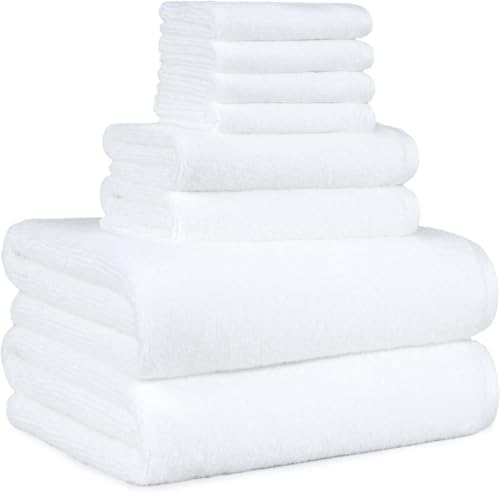 Amazon Basics 100% Cotton Soft Quick-Dry 8-Piece Towel Set, Bath Towels, Hand Towels, Washcloths, White, Compact & Lightweight (Pack of 6)
