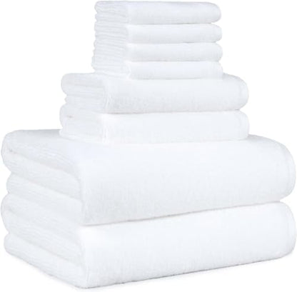 Amazon Basics 100% Cotton Soft Quick-Dry 8-Piece Towel Set, Bath Towels, Hand Towels, Washcloths, White, Compact & Lightweight (Pack of 6)