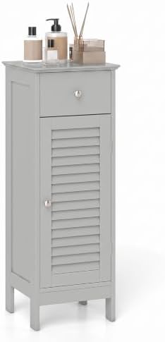 GIANTEX Bathroom Floor Storage Cabinet with Louvered Door and Drawer, Grey