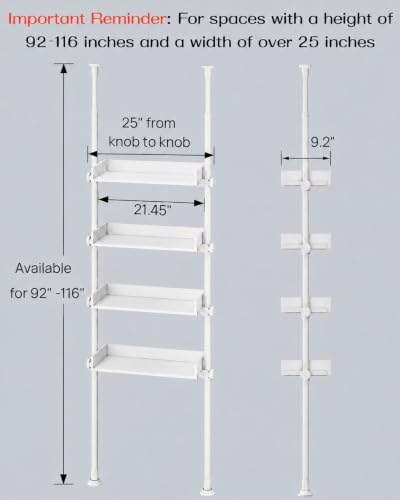 ALLZONE Bathroom Organizer, Over The Toilet Storage, 4-Tier Adjustable Wood Shelves for Small Rooms, Saver Space Rack, Narrow Cabinet, 92 to 116 Inches Tall, White