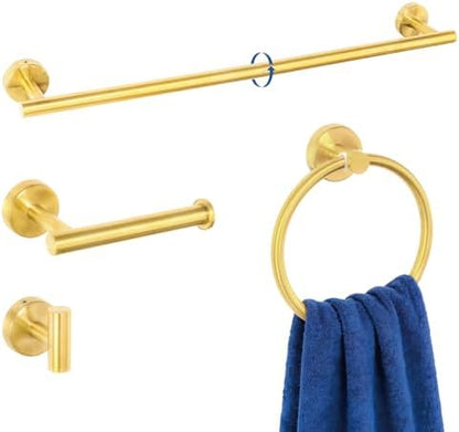 HOMOTEK 4 Pieces Bathroom Accessories Hardware Set, 24 inch Towel Bar, Towel Ring, Robe Hook, Toilet Paper Holder, Stainless Steel Rack Kit Wall Mounted, Gold