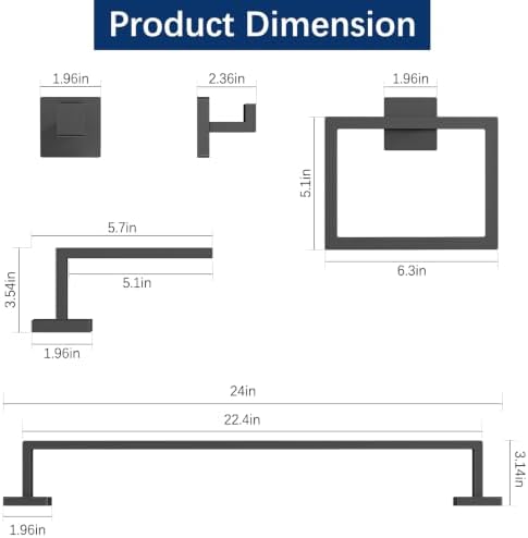 Gypie Bathroom Accessories Set Wall Mounted, 5-Piece 24In Matte Black