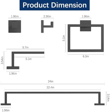 Gypie Bathroom Accessories Set Wall Mounted, 5-Piece 24In Matte Black