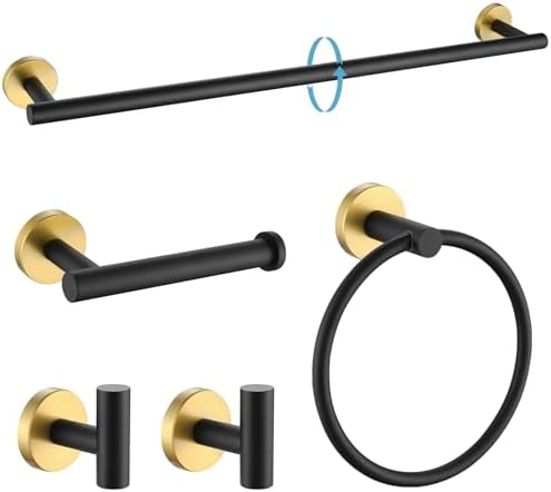 TURS Black and Gold Bathroom Hardware Set 5 Piece, SUS304 Stainless Steel Gold Black Towel Bar Set, 24 Inch Bathroom Accessories Kit Wall Mounted