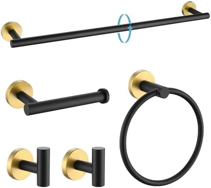 TURS Black and Gold Bathroom Hardware Set 5 Piece, SUS304 Stainless Steel Gold Black Towel Bar Set, 24 Inch Bathroom Accessories Kit Wall Mounted