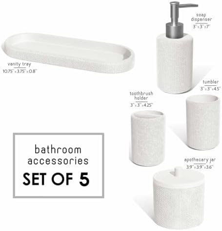 Clara Clark Bathroom Set - White Bathroom Accessories Set, 5PC Bathroom Accessory Set, Bathroom Sets with Soap Dispenser, Toothbrush Holder, Tumbler, Cotton Swab Jar & Vanity Tray