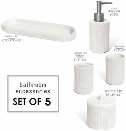 Clara Clark Bathroom Set - White Bathroom Accessories Set, 5PC Bathroom Accessory Set, Bathroom Sets with Soap Dispenser, Toothbrush Holder, Tumbler, Cotton Swab Jar & Vanity Tray