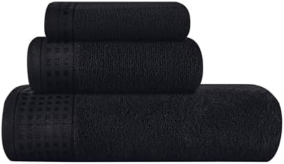 GLAMBURG Ultra Soft 3 Pack Cotton Towel Set, Contains a Bath Towel 28x55 inch, a Hand Towel 16x24 inch & a Wash Coth 12x12 inch, Ideal Everyday use, Compact & Lightweight - Black