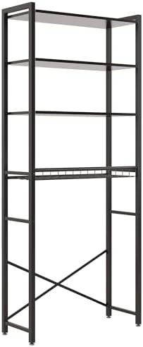 4-Tier Over-the-Toilet Storage Rack with One-Piece Wooden Shelves & Open Net Basket, Bathroom Organizer with Adjustable Feet & Anti-Tip Kit, Space-Saving Toilet Shelf, Black, 24.4" x 9.4" x 69.3"