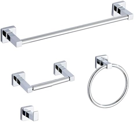 Chrome Bathroom Hardware Set 4 Pieces,Towel Bar Set Stainless Steel Wall Mounted, Includes 16In Hand Towel Bar, Towel Ring, Robe Towel Hooks,Toilet Paper Holder, Bathroom Towel Rack Set