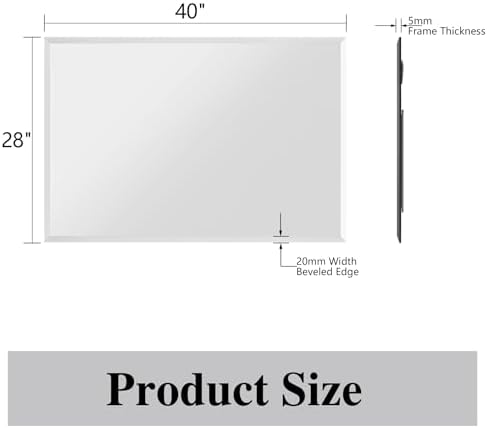 Frameless Bathroom Mirror, 40" x 28" Beveled Wall Mirror