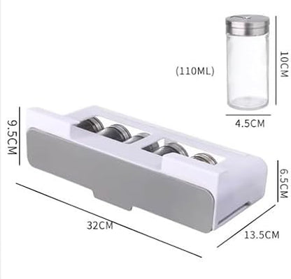 SpiceSpace Organizer Set – Under-Shelf Mounted Rack with 6 Glass Spice Jars & 18 Preprinted Labels – Minimalist Space-Saving Spice Rack for Pantry, Cabinet, or Kitchen Shelf